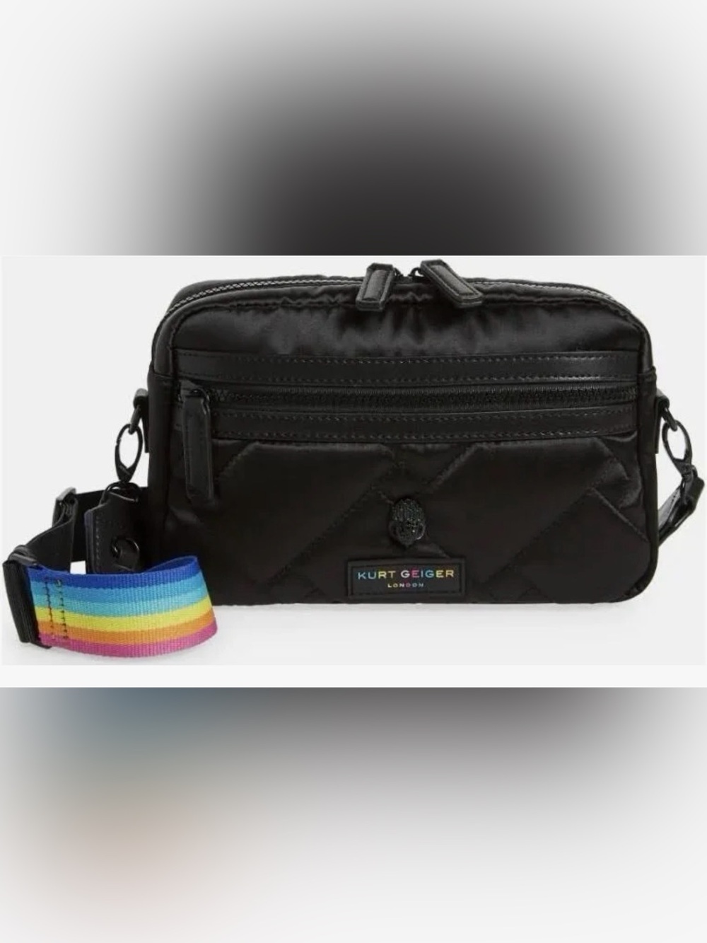 Kurt Geiger London Quilted Black Nylon Crossbody Handbag W/ Rainbow Strap NWT